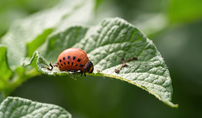 Colorado beetle (Leptinotarsa decemlineata) larva eating leaf of potato plant. Close-up of insect pest causing huge damage to harvest in farms and gardens