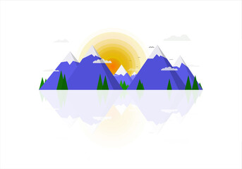 Vector illustration of a misty sunrise in the blue ice mountains
