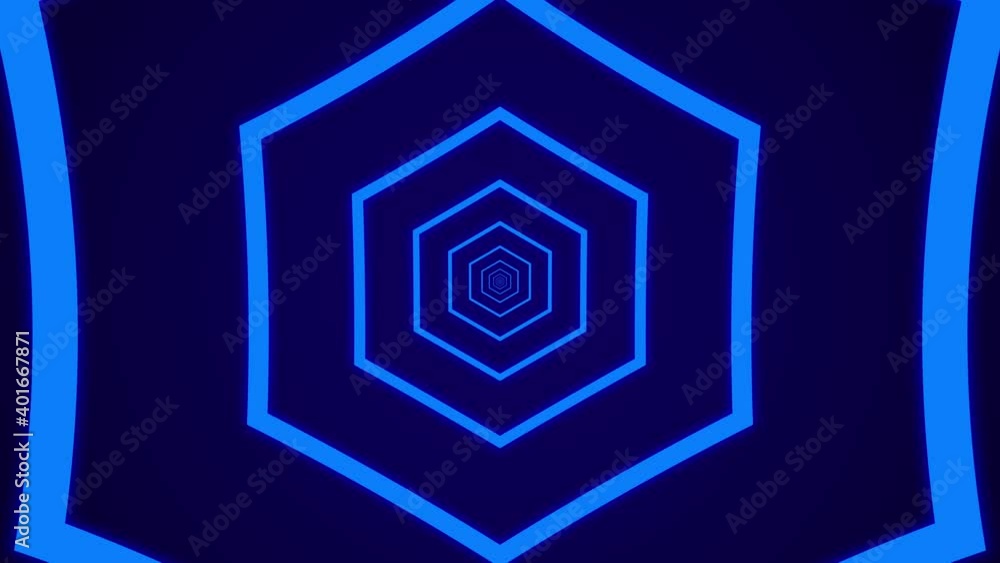 Poster simple light tunnel with blue hexagonal elements on a dark blue background. simple seamless motion g