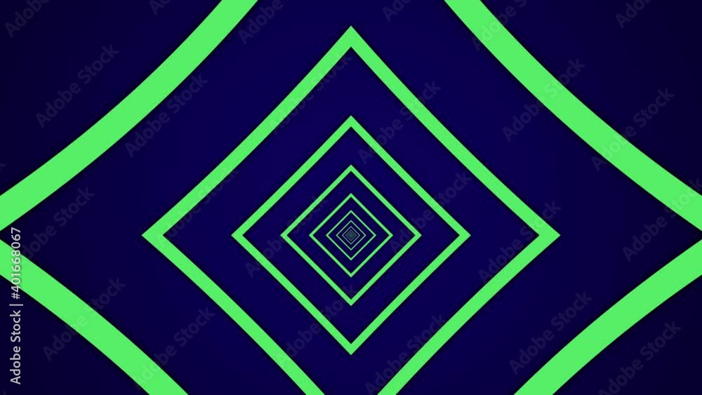 Poster simple light tunnel with green rectangular elements on a dark blue background. simple seamless motio