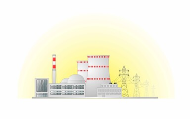Nuclear power plant with a high-voltage power line against the background of sunshine.