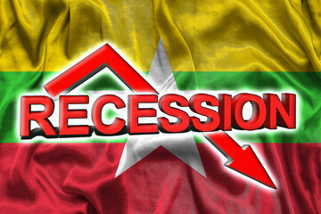 Fototapeta na wymiar Economic crisis in Myanmar. Flag of the Myanmar, red arrow down and the inscription Recession. Slowdown and decline of the economy. 3d illustration