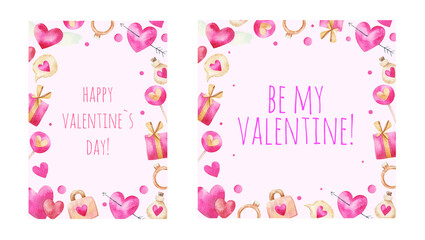 Fototapeta na wymiar postcard frames with elements of hearts, children's illustration for Valentine's Day