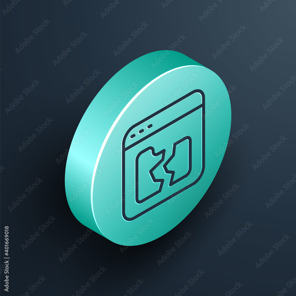 Poster isometric line broken file icon isolated on black background. turquoise circle button. vector.