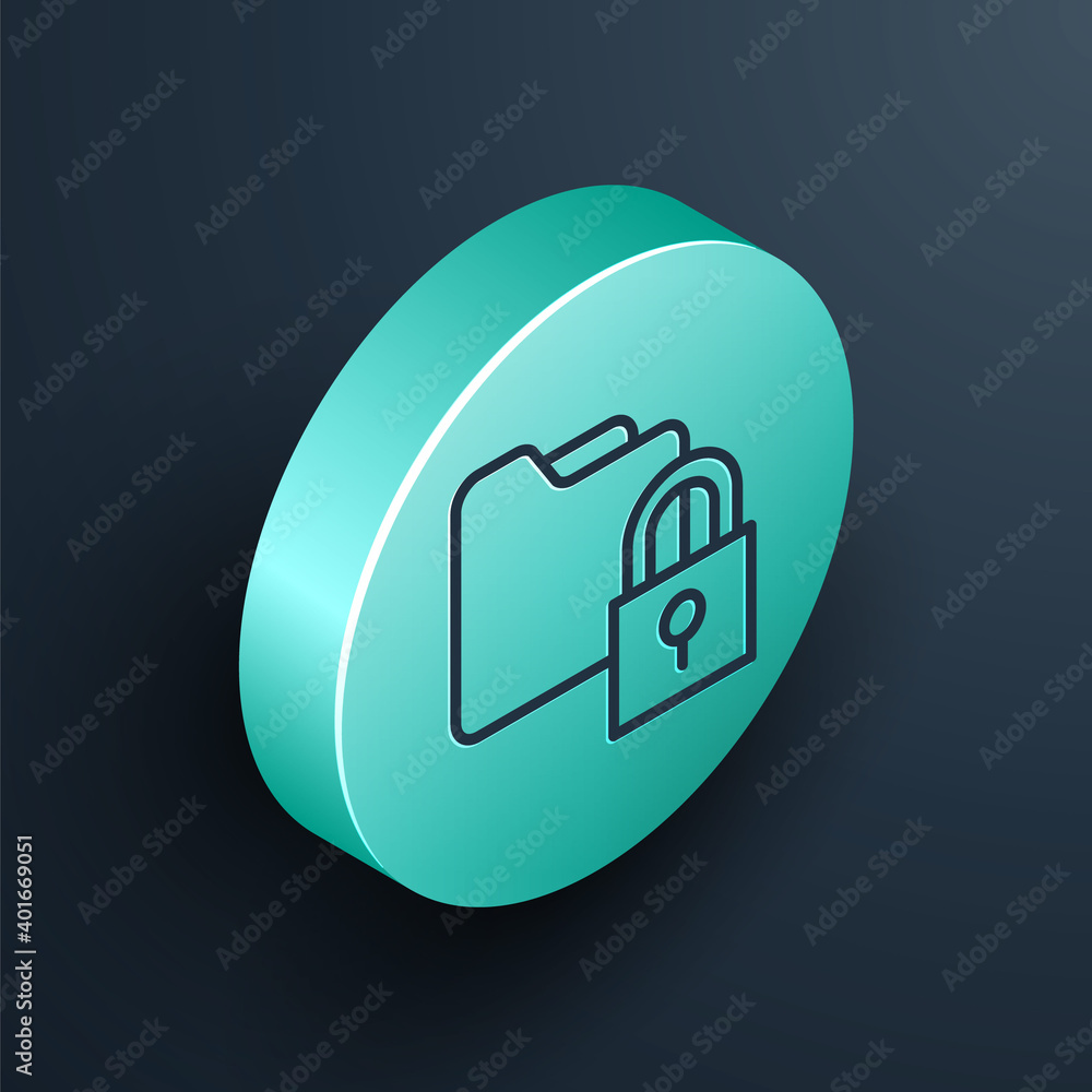 Poster isometric line folder and lock icon isolated on black background. closed folder and padlock. securit