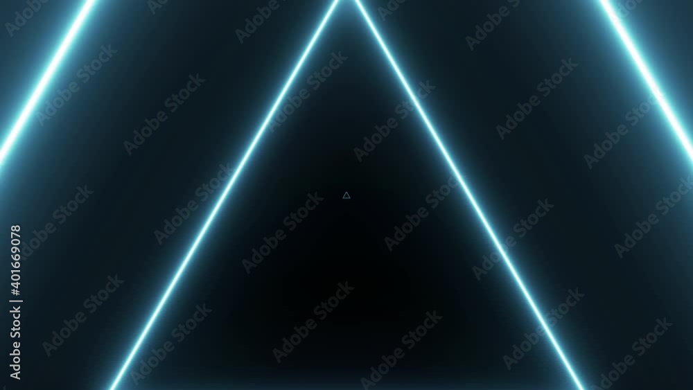Poster abstract background with animation of flight in abstract futuristic tunnel with light blue neon tria