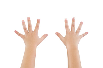 childrens hands show ten fingers isolated on white background.
