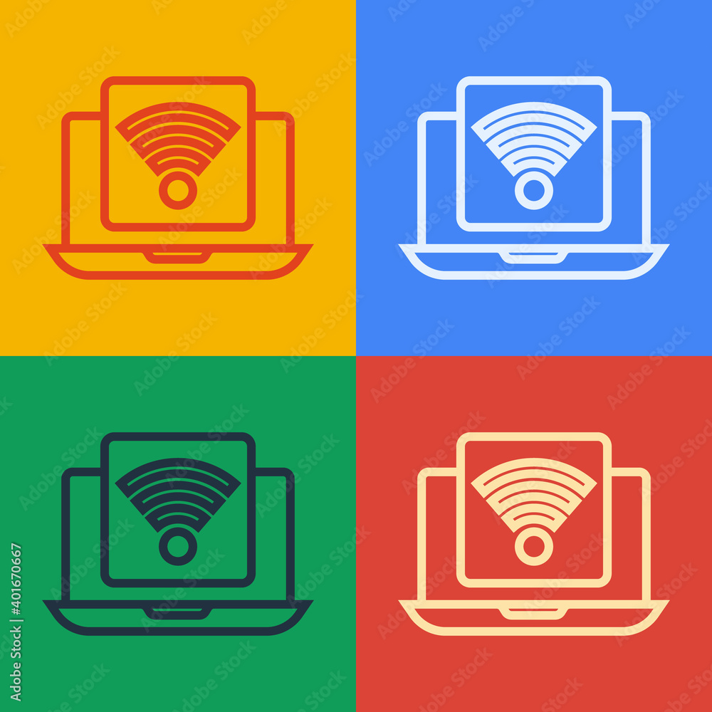 Poster pop art line wireless laptop icon isolated on color background. internet of things concept with wire