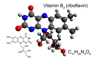 Chemical formula, structural formula and 3D ball-and-stick model of vitamin B2 (riboflavin), white background