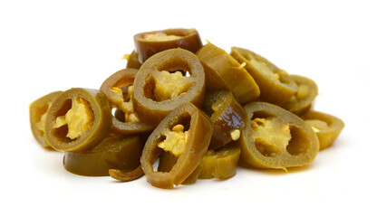 Slices of preserved Jalapeno pepper on a white background