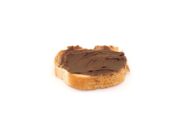 Slice of bread with chocolate cream with hazelnut isolated on white background