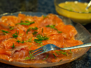 Gravad Lax (Cured Salmon) with Dill and Hovmästarsås (Mustard Sauce)