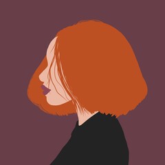 Illustration of woman with ginger hair, red lips, without eyes
