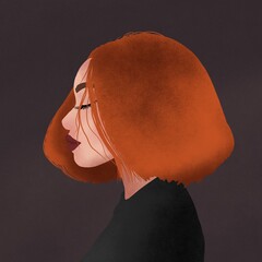 Illustration of woman with ginger hair, red lips, closed eyes