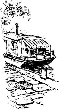 ferry terminal dock sketchy image. Monochromatic vector illustration of a boat in a shipyard. 