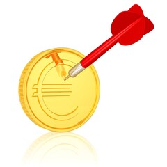 ein Dartpfeil hat eine goldene Euromünze getroffen