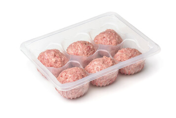 Fresh raw turkey meatballs in plastic disposable tray