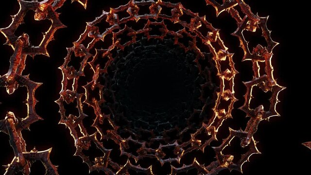 Spiky Metal Chain VJ Loop is a motion graphics clip featuring demonic chains with spikes and hell glow. This video is perfect for VJ thematic sets, metal and gothic festivals, Halloween rave parties