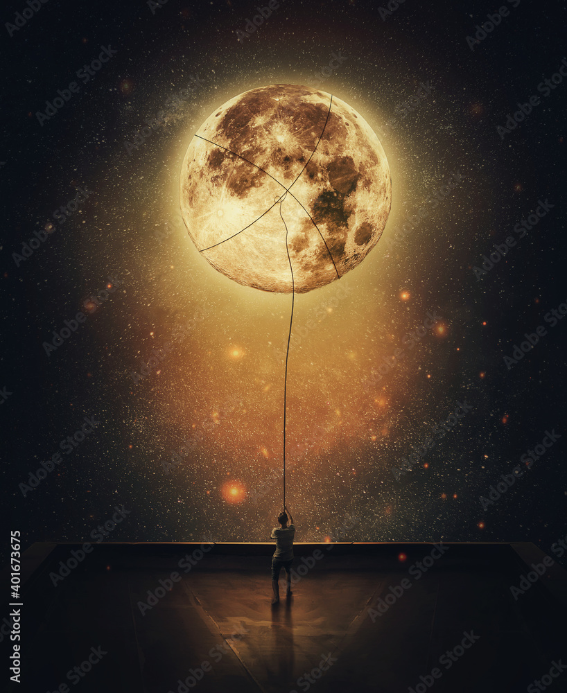 Wall mural surreal scene with a person stealing moon from the night sky. determined man on the rooftop pulling 