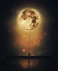 Foto op Plexiglas Volle maan Surrealistische scène met een persoon die de maan steelt van de nachtelijke hemel. Vastberaden man op het dak die de volle maan trekt met een touw. Overwinnen en prestatie concept. Avonturier die een romantisch gebaar doet