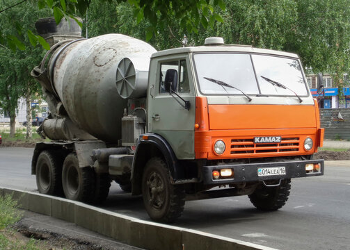 Kazakhstan, Ust-Kamenogorsk, may 21, 2020: Old vintage soviet truck Kamaz. Cement, concrete mixer truck