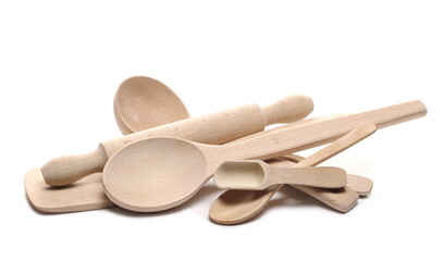 Wooden spoon, ladle and rolling pin isolated on white background 
