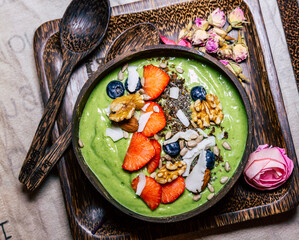 Smoothie Bowl / Healthy breakfast concept, selective focus