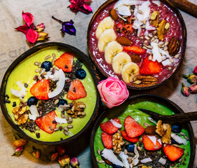 Smoothie Bowl / Healthy breakfast concept, selective focus