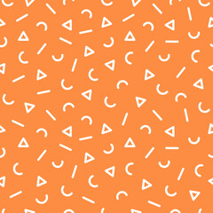 Abstract seamless pattern. White triangles, arcs and lines on orange vector wallpaper background. Stylish wrapping and scrapbooking template. Bright fabric print.