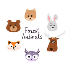 Set of cute vector characters - faces of forest animals, fox, bear, hare, moose, squirrel, hedgehog and owl. Design in cartoon style and pastel colors, for children's design. 