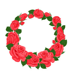 Wreath of red roses. Round floral frame. Vector illustration of beautiful flowers in cartoon flat style.