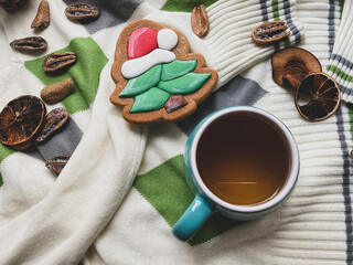 Cup of tea and gingerbread Christmas tree