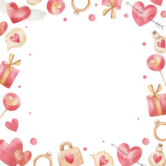 cute card for valentine's day in the shape of a square, love theme, childrens illustration in watercolor on a white background