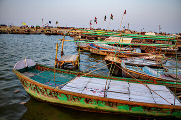 Boats for pilgrims at Triveni Sangam (confluence of GRivers Ganaga, Yamuna & Saraswati) at...