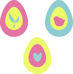 Pastel colored flat Easter eggs with colorful yolks and symbols of spring and holiday: plant germ with two leaves, little chicken and a heart. Objects isolated on white background.