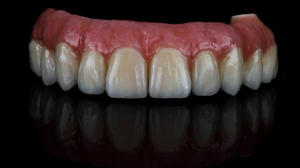 creative photo of the dental prosthesis of the upper jaw on black glass with a beautiful reflection © Dental Pro Content