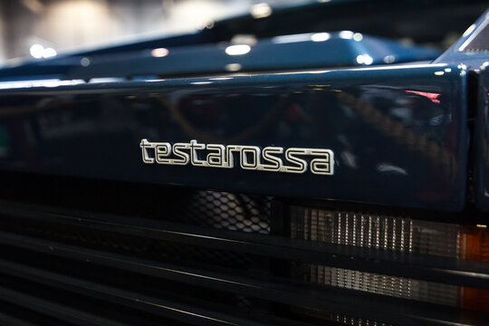 Prague, Czech Republic - April 13th 2019: Testarossa Logo at Autoshow PVA EXPO Praha Letnany 2019.