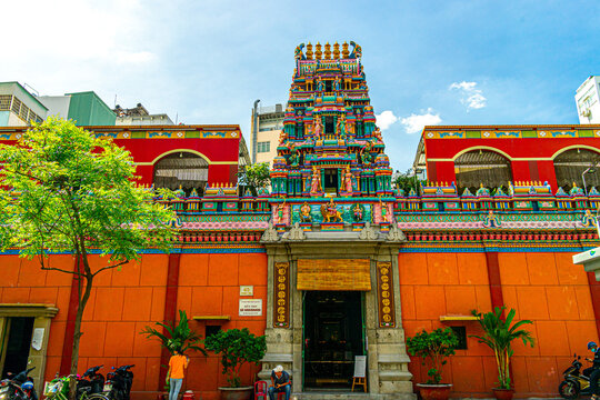 Mariamman Hindu temple or "Chua Ba Mariamman" in Ho Chi Minh city, Vietnam. Detail of the gopuram above the entrance of the hindu Mariamman Temple