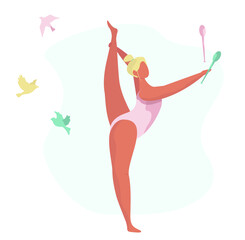 Ballerina with gymnastics equipment. Gymnastic girl holding maces. Olympic Gymnast woman, ballet dancer, yoga, sport. Birds on background. Flat vector illustration