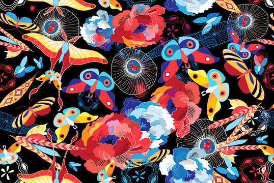 Seamless multicolored pattern of flowers and butterflies