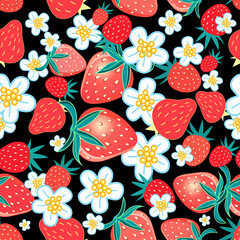 Seamless multicolored pattern of strawberries and flowers