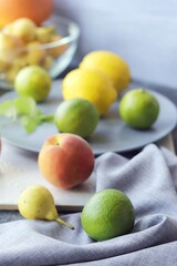 Fresh fruits and berries on the table, home cooking, organic food, healthy lifestyle