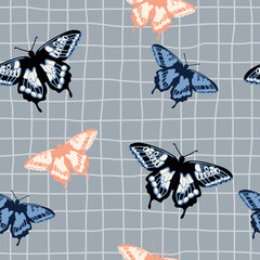 Vector seamless pattern with bright retro butterflies. Hand-drawn texture design