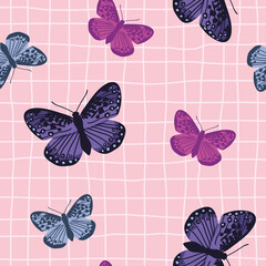 Vector seamless pattern with bright retro butterflies. Hand-drawn texture design