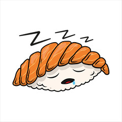 Simple vector eps illustration icon  of a asian sushi with orange red fish salmon on top and rice and with cute face sleeping zzz on white background isolated
