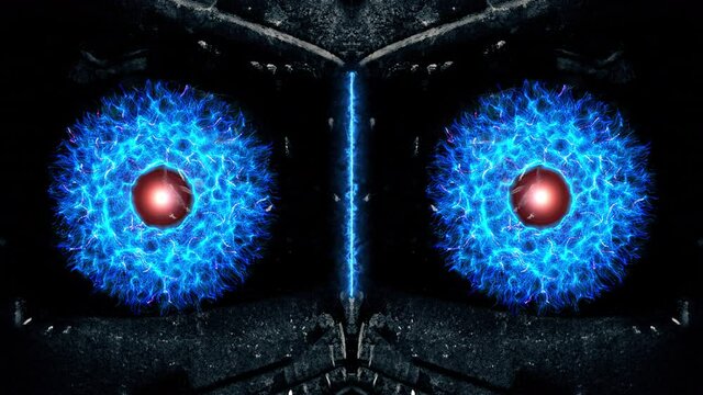 A close-up view into the eyes of a futuristic Artificial Intelligence cyborg.