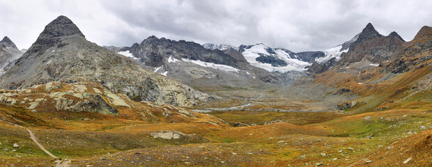 Mountains and Glacier du Grand Mean above the cirque des Evettes in vanoise national park, France