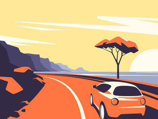 Vector illustration of a red car moving along the ocean mountain road