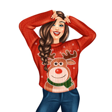 Girl in bright red sweater with deer print. Hand drawn winter illustration