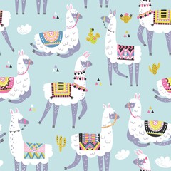 Seamless pattern with llama, cactus, rainbow and hand drawn elements. Creative childish texture. Great for fabric, textile. Vector illustration.
